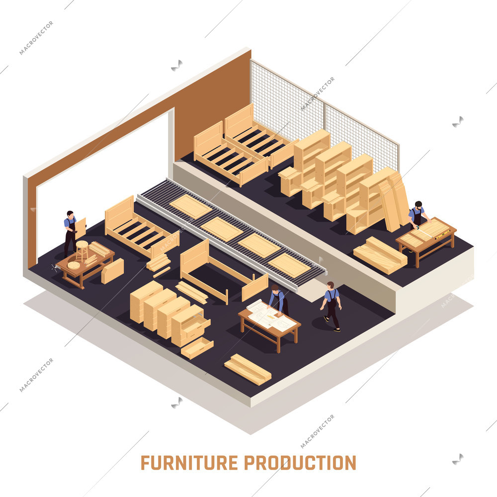 Furniture production isolated isometric concept workshop with finished furniture and lacquering of finished products vector illustration