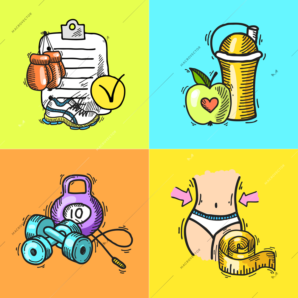 Fitness bodybuilding diet trainer exercise colored hand drawn icons set isolated vector illustration