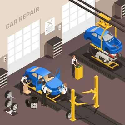 Car repair maintenance autoservice station isometric colored composition with employees change wheels at a car repair shop vector illustration