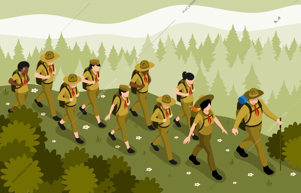 Adult mentors guiding kid scouts group hiking at wild forest nature background isometric vector illustration