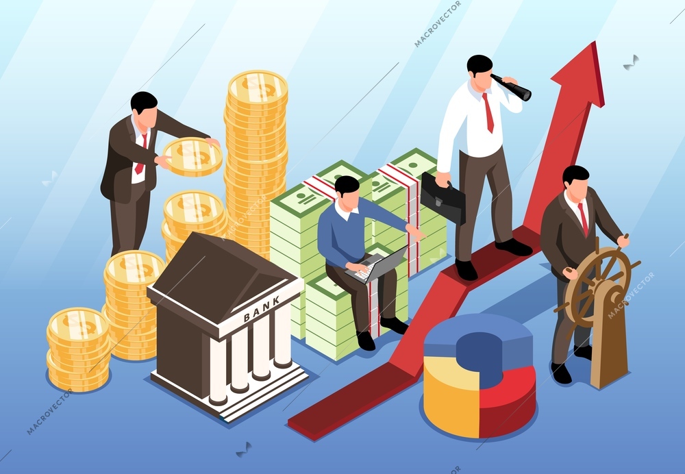 Investment horizontal background with bank building and partner team near indicator of growth and development of overall business isometric vector illustration