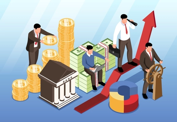 Investment horizontal background with bank building and partner team near indicator of growth and development of overall business isometric vector illustration