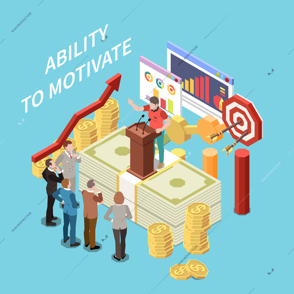 Entrepreneur people concept isometric composition with ability to motivate symbols vector illustration