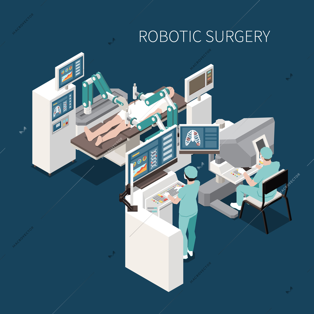 Robotic surgery isometric composition with innovative operation symbols vector illustration