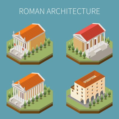 Roman empire set with architecture symbols isometric isolated vector illustration