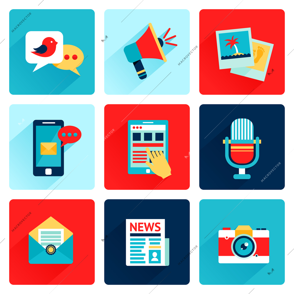 Media news social communication flat icons set with speech bubble megahone photo isolated vector illustration