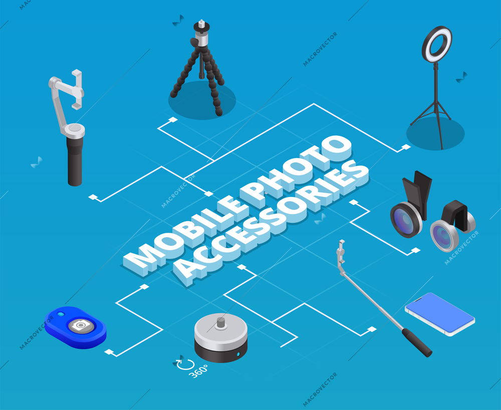 Flowchart with mobile photo and video accessories on blue background isometric set vector illustration