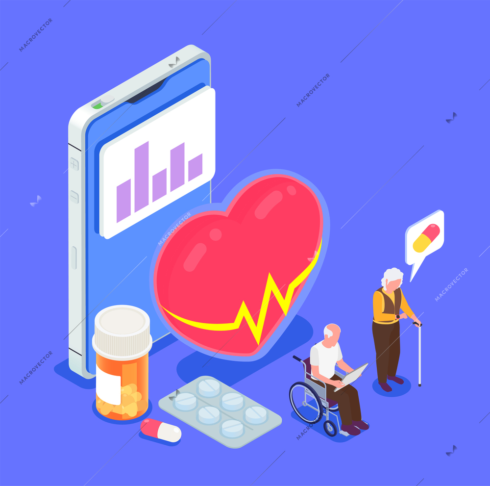 Isometric color composition with elderly people and mobile app for health monitoring vector illustration