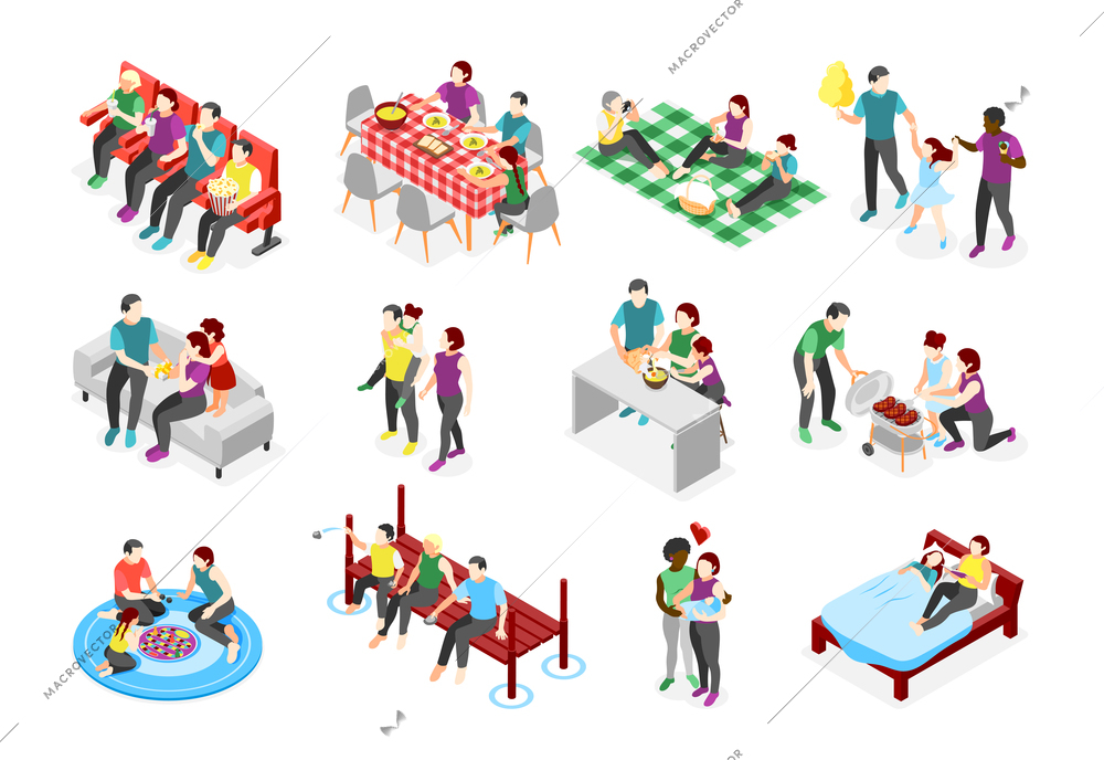 International day of families isometric icons with adults and children together at home and outdoors isolated vector illustration