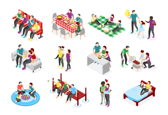 International day of families isometric icons with adults and children together at home and outdoors isolated vector illustration