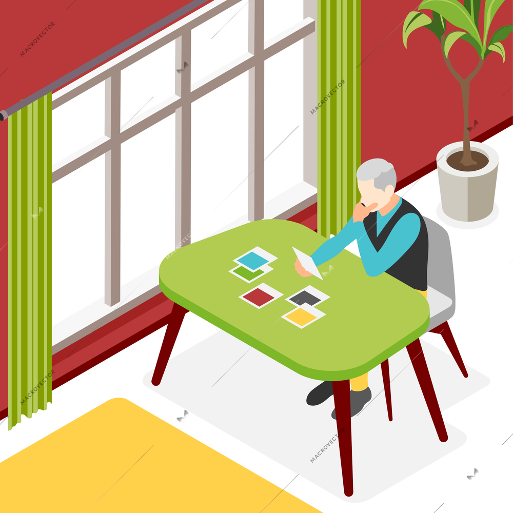 Loneliness isometric composition with man sitting at home table and looking at photos vector illustration