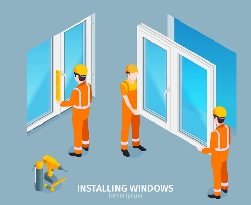 Installing windows isometric background with handymen in uniform and helmets replacing old windows to new ones vector illustration