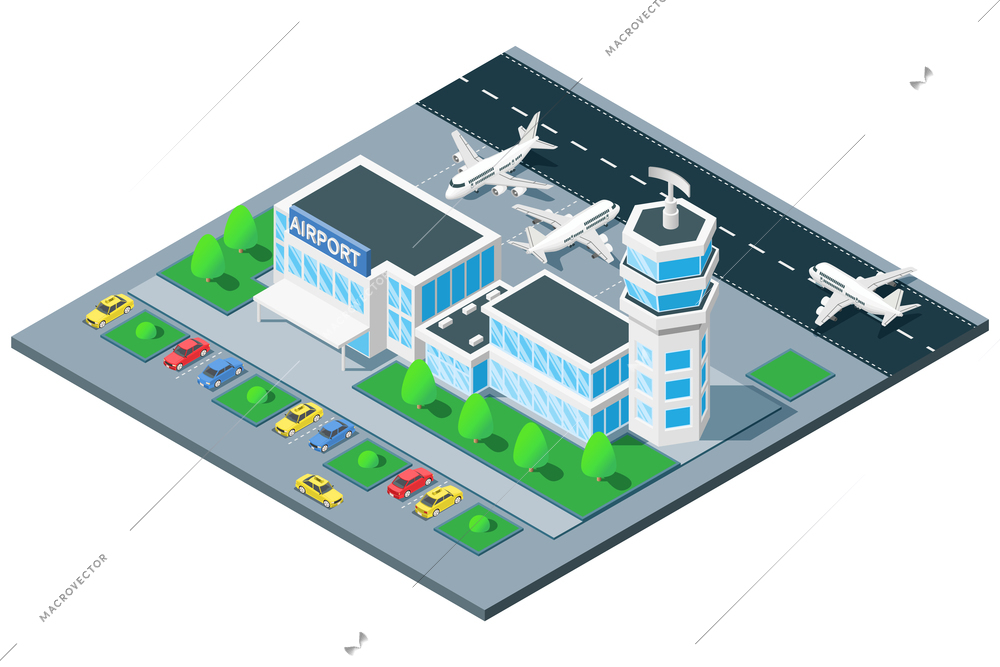 Airport terminal birds eye view isometric composition with traffic control tower  airplane takeoff on runway vector illustration