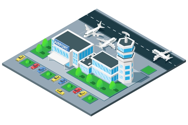 Airport terminal birds eye view isometric composition with traffic control tower  airplane takeoff on runway vector illustration