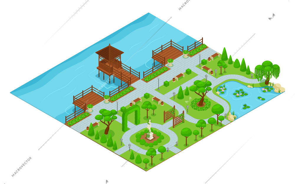 Isometric landscape design park composition park with walking paths by the waterfront with a gazebo green bushes and trees vector illustration