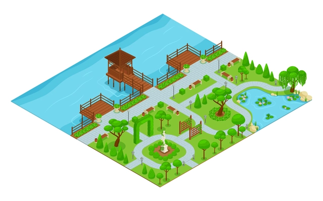 Isometric landscape design park composition park with walking paths by the waterfront with a gazebo green bushes and trees vector illustration