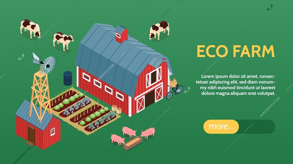 Ecological organic farming online eco farm isometric website banner with barn windmill livestock vegetables background vector illustration