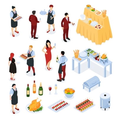 Banquet reception buffet service food stations appetizers grilled meat hot water dispenser wine waiters isometric set vector illustration