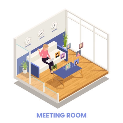 Online presentation and conference concept with meeting room symbols isometric vector illustration