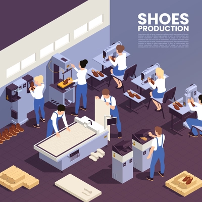 Shoes production background with footwear symbols isometric vector illustration