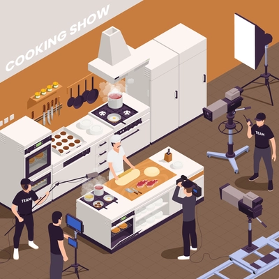 TV show isometric background with cooking show symbols vector illustration