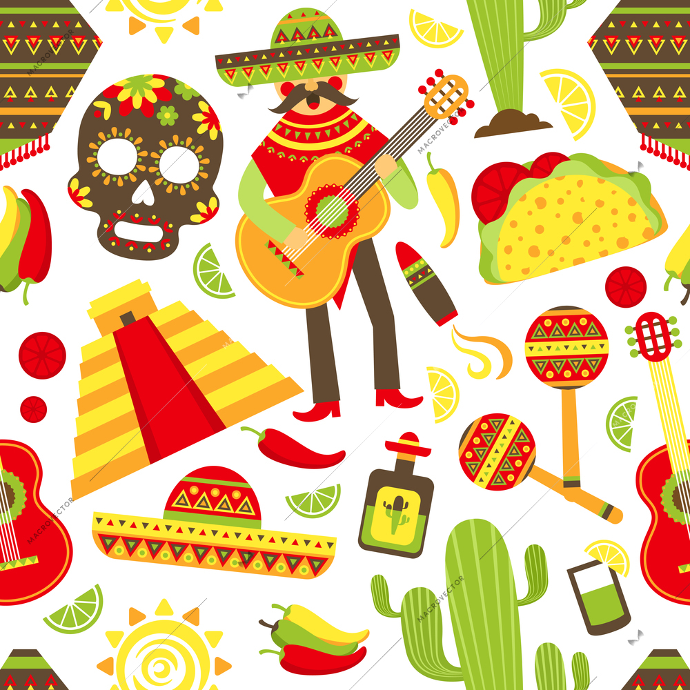 Mexico seamless pattern with travel traditional music latino america symbols vector illustration