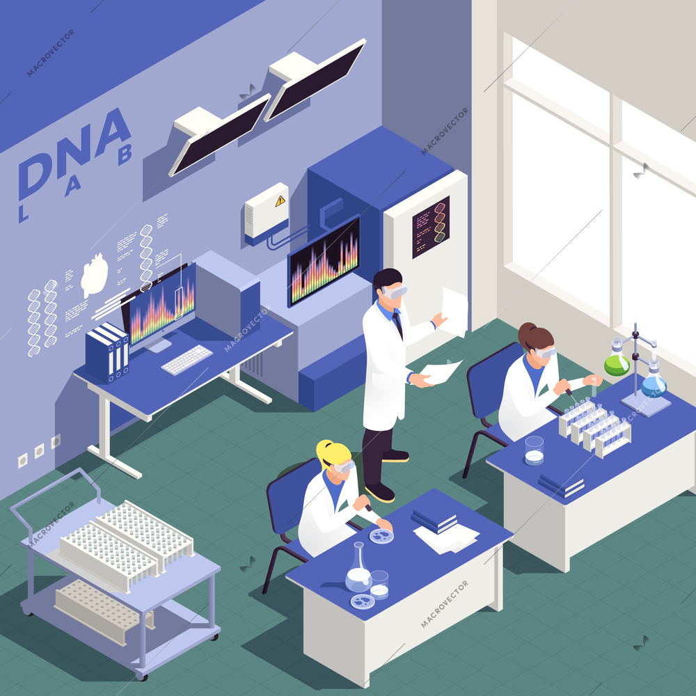 Genetic engineering isometric background with science and research symbols vector illustration