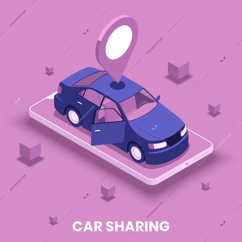 Car sharing concept with location and driving symbols isometric vector illustration