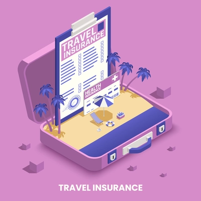 Travel insurance concept with health and transportation symbols isometric vector illustration