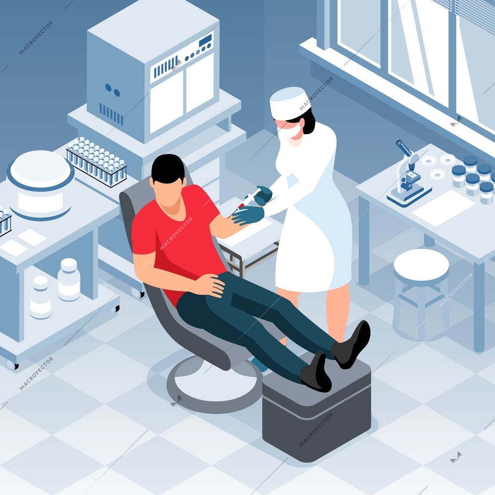 Isometric laboratory diagnostic composition of indoor scenery with lab equipment and patient with physician making injection vector illustration