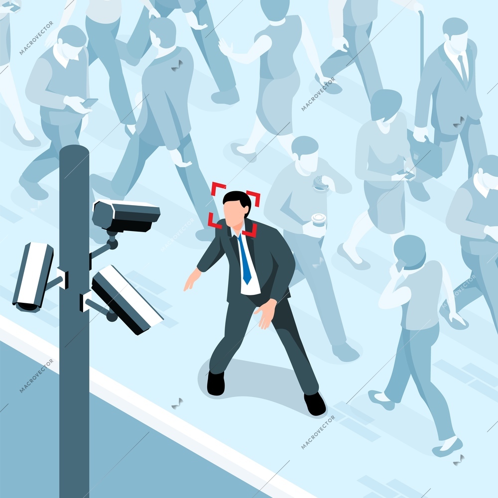 Isometric public security composition of street scenery with walking people and person having his face recognized vector illustration