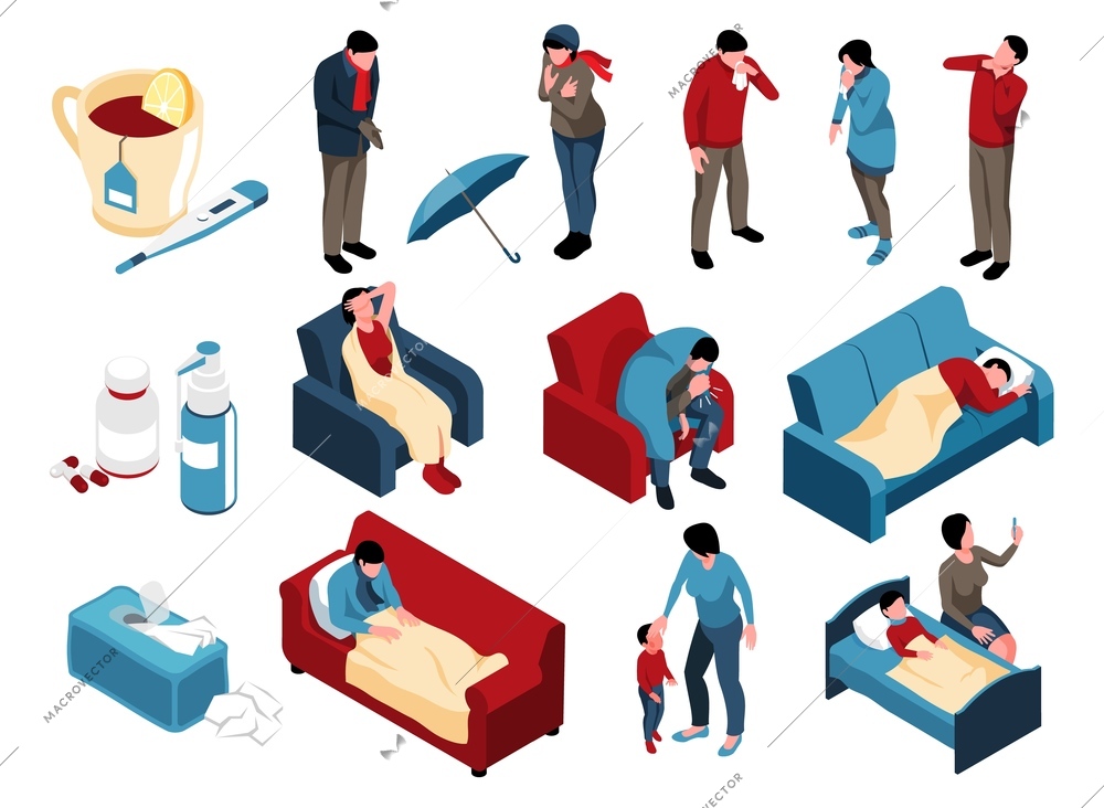 Isometric cold sick influenza infection flu treatment set of isolated icons with characters of ill people vector illustration