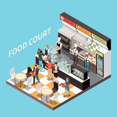 Food court coffee bar isometric view desserts display checkout counter cashier personnel customers carrying trays vector illustration