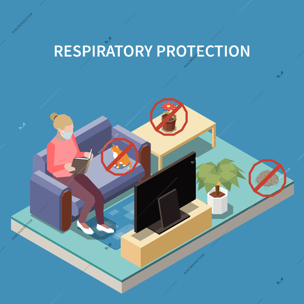 Animals and pollen allergies respiratory protection isometric composition with cats owner uses disposable face mask home vector illustration