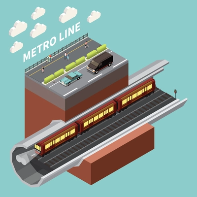 Urban infrastructure network isometric element with underground metro line subway tunnel and city street above vector illustration