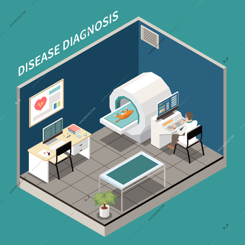 Veterinary clinic diagnostic laboratory isometric view with cat undergoing mri scan test assistant behind computer vector illustration