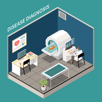 Veterinary clinic diagnostic laboratory isometric view with cat undergoing mri scan test assistant behind computer vector illustration