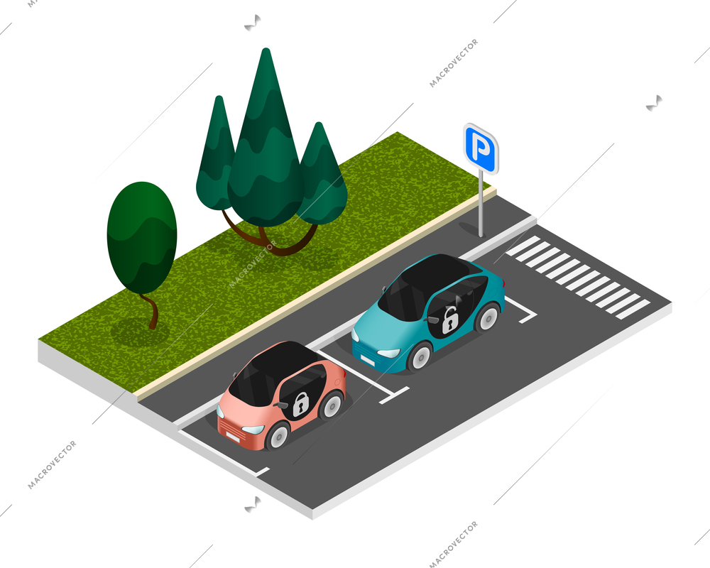 Isometric colored parking composition with two properly parked cars standing on the roadside in a parking lot vector illustration