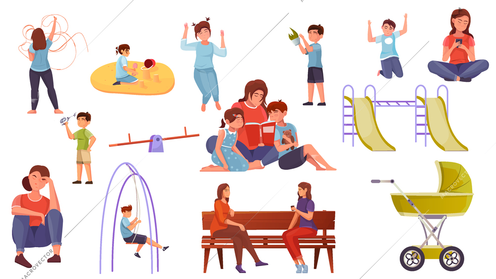 Motherhood flat set of woman characters walking with child playing and reading book isolated vector illustration