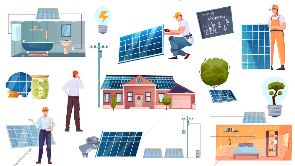 Alternative source of electricity  flat set of solar panels and people working on solar cells installation isolated vector illustration