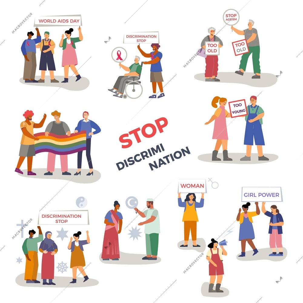 Discrimination set with flat isolated icons human characters of arguing people with lgbt activists and text vector illustration