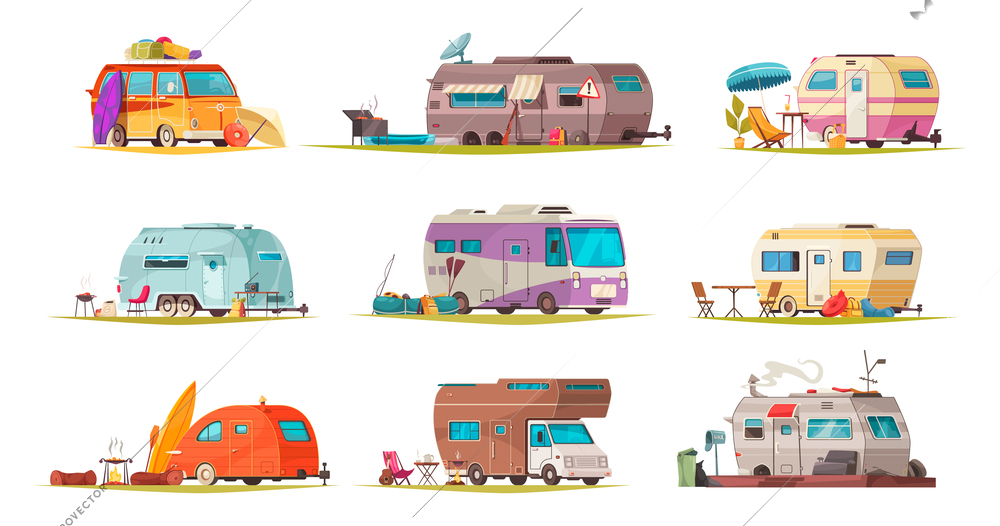 Camping vacation recreational vehicles flat cartoon set camper caravan trailer bus house on wheels isolated vector illustration