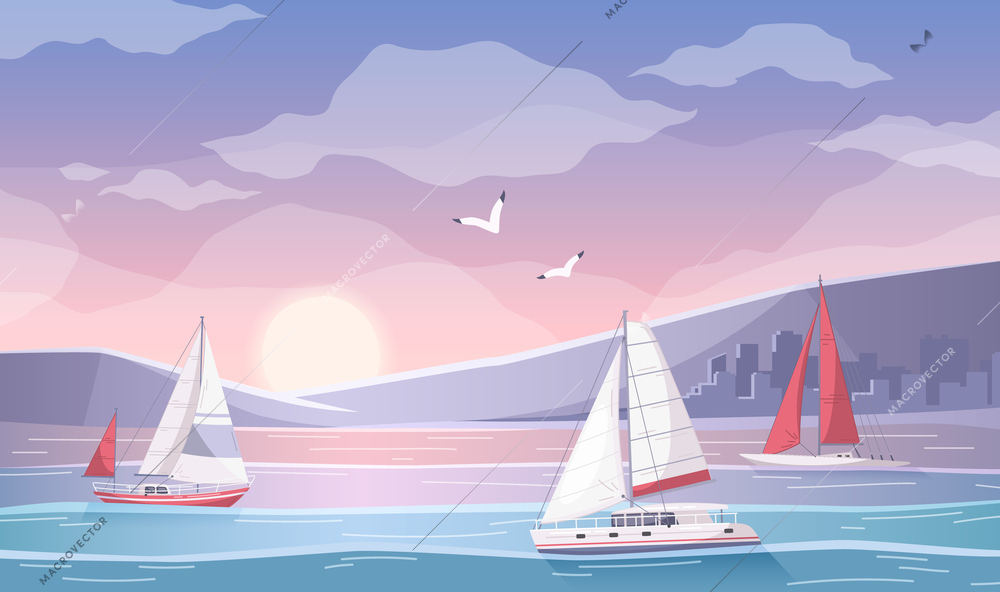 Yachting cartoon composition with outdoor sunset landscape and view of bay with group of sail yachts vector illustration