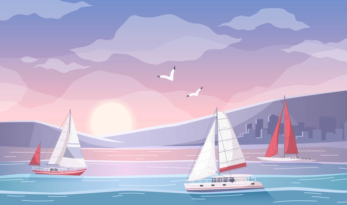 Yachting cartoon composition with outdoor sunset landscape and view of bay with group of sail yachts vector illustration