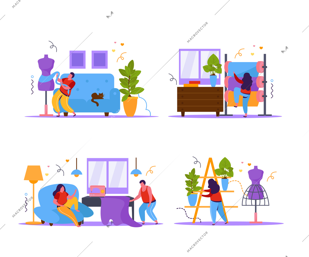 Tailoring set of four isolated compositions with flat images of tailor studio interior elements and tools vector illustration