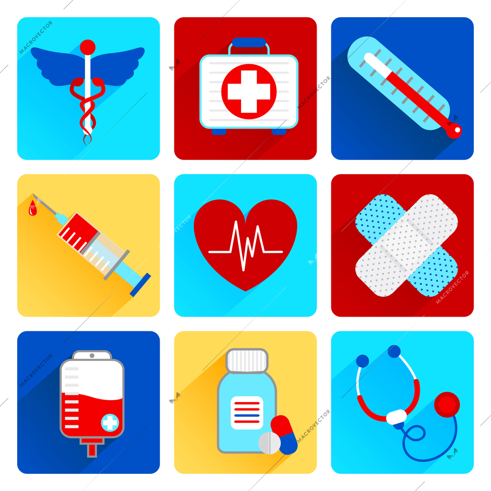 Medical emergency health care flat icons set with first aid kit pill thermometer isolated vector illustration