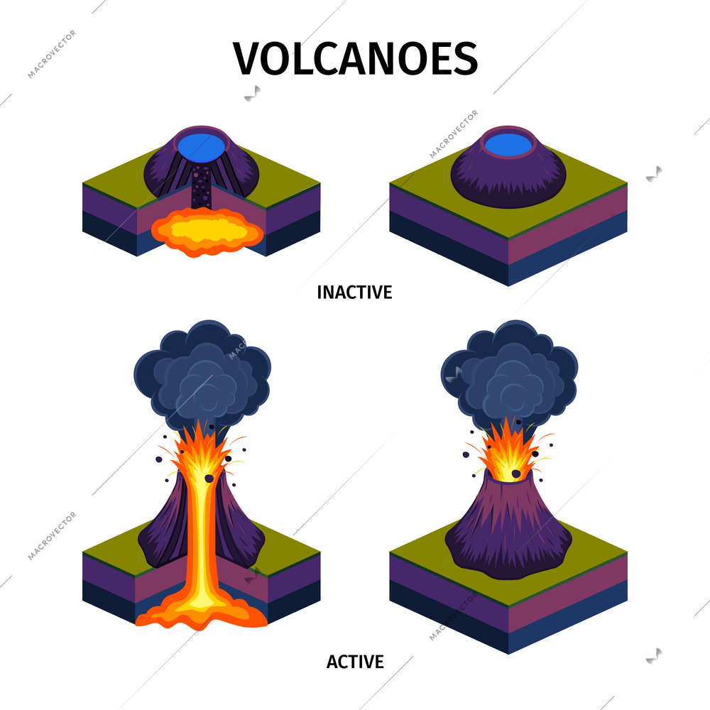 Active and sleeping volcanoes isometric set with colored images of internal structure isolated vector illustration