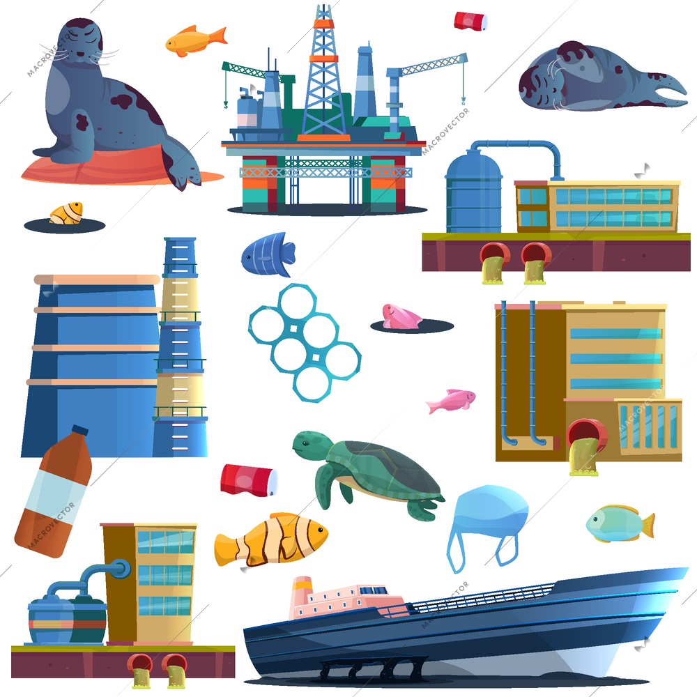Ocean problem flat set of tanker sea drilling rig platform and city factory polluting water surface isolated vector illustration