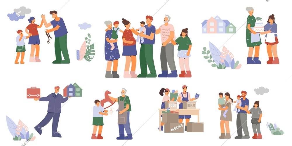 Family set of flat isolated compositions with family members spending time together buying house receiving aid vector illustration