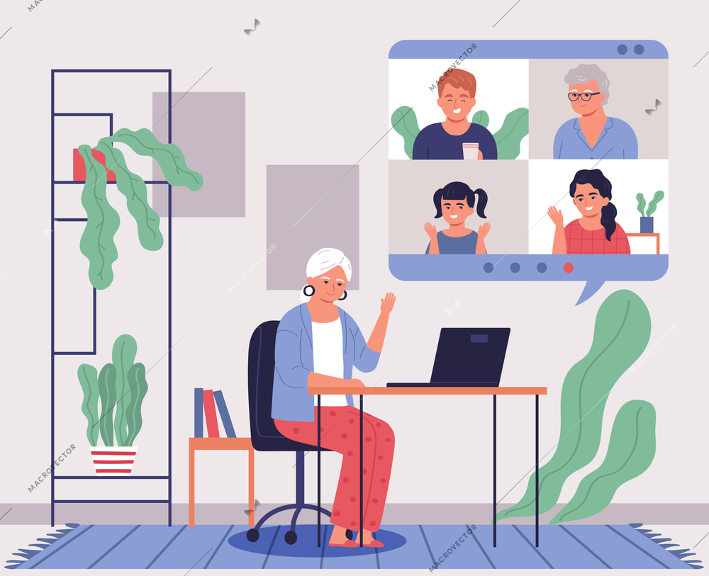 Grandmother using laptop to communicate with her family via video call flat vector illustration